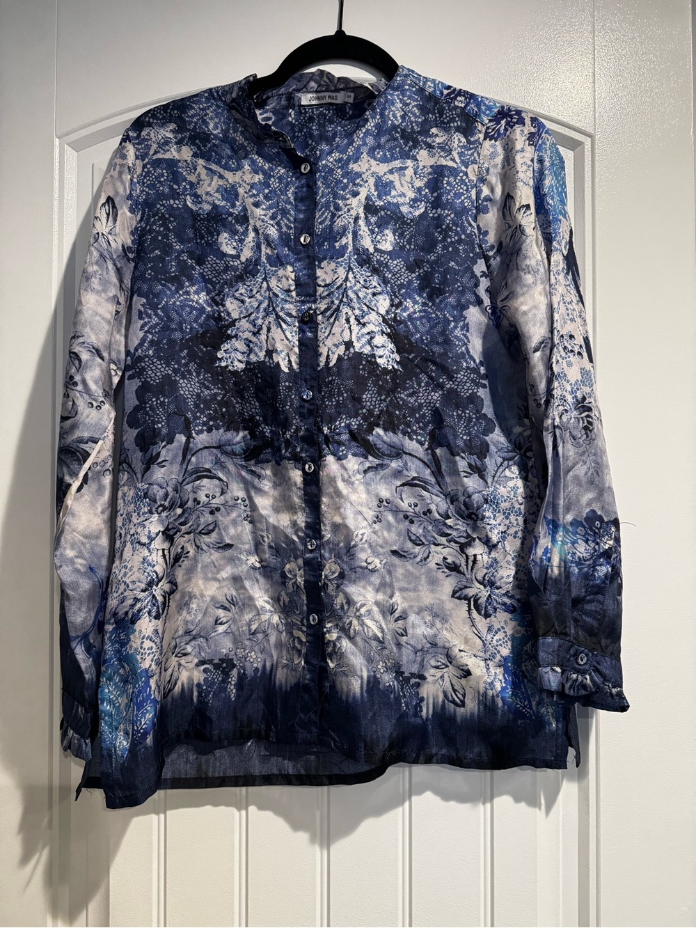 Johnny Was Blue/white Floral Paisley ruffled neck and sleeves, silk, size small